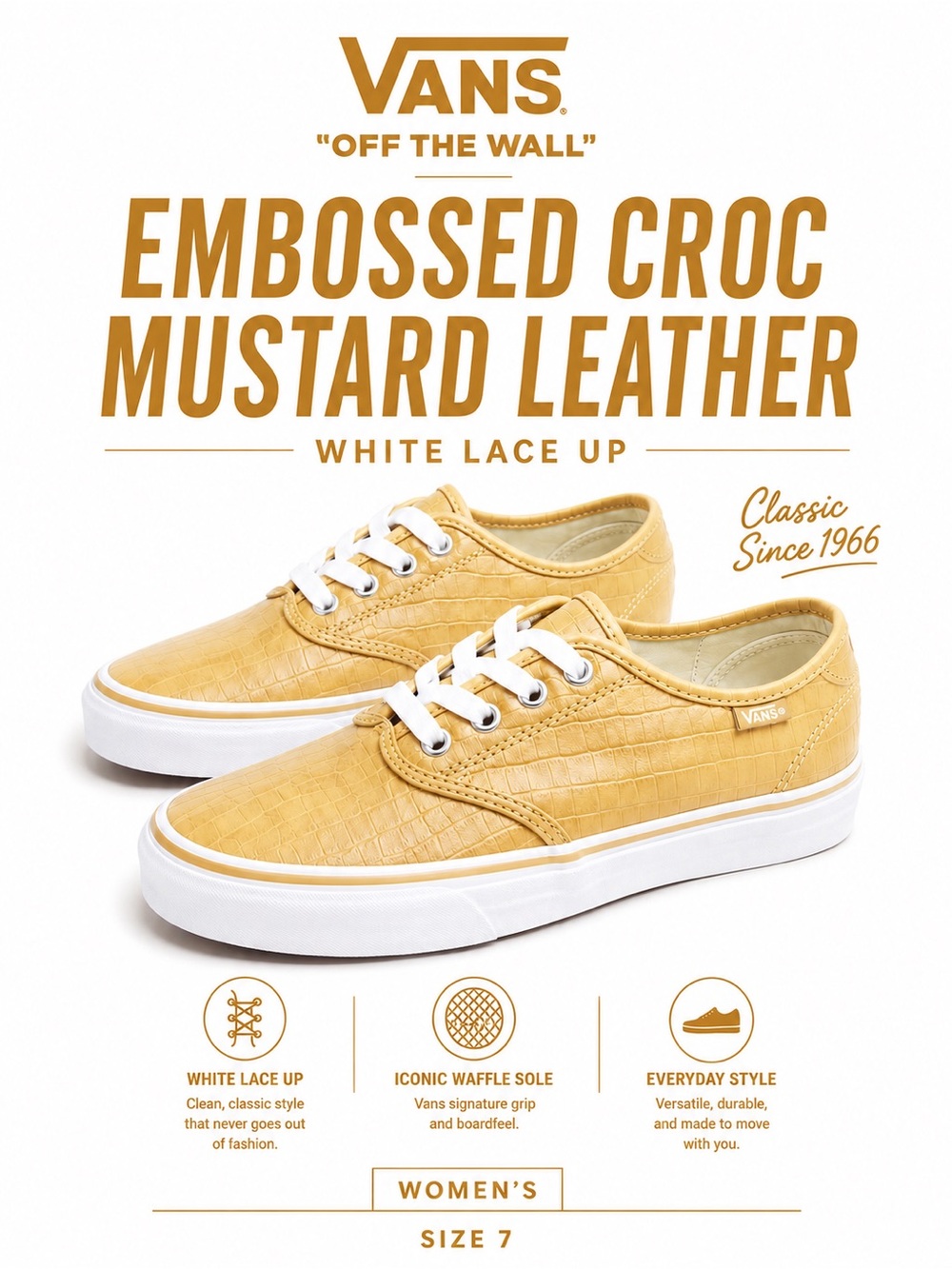 Vans sneakers embossed croc mustard leather white lace up size 7 womens